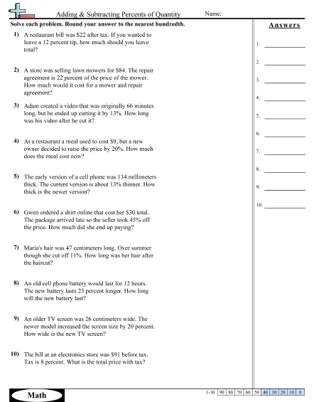 7.rp.3 Worksheets - Adding and Subtracting Percents of a Quantity worksheet